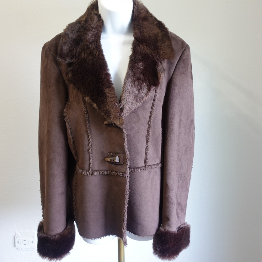 Vintage Chocolate Brown Faux Suede Fur Trimmed Jacket Toggle 70s Boho Womens Lg - Picture 2 of 10
